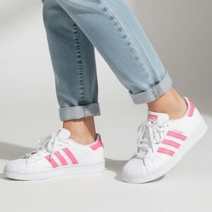 Adidas Women's White and Pink Striped Sneakers 6